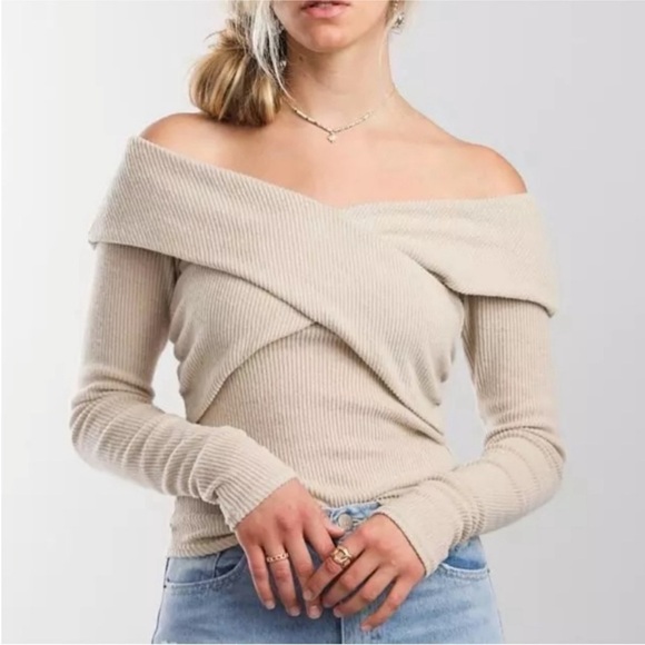 Free People Marley Top Off Shoulder Waffle Knit Oatmeal Cream Large - Picture 15 of 16